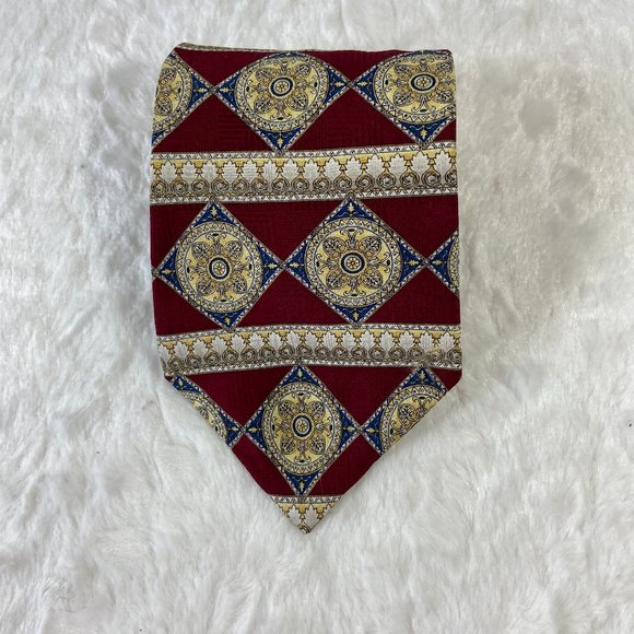 Vintage Albert Nipon Silk Mens Tie Regal Pattern Deep Red Gold Blue Art Deco - Picture 3 of 5